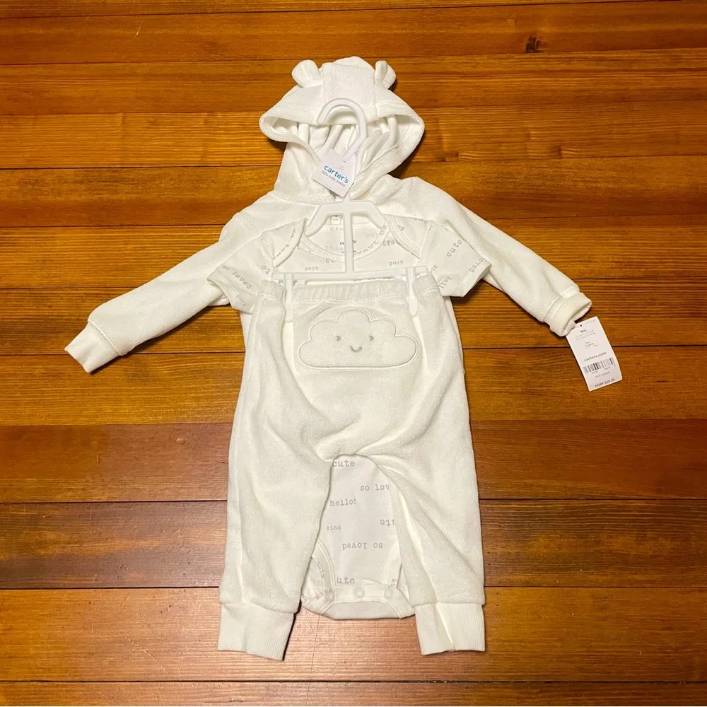 Carter's Cream Hooded Baby Romper with Cloud Applique